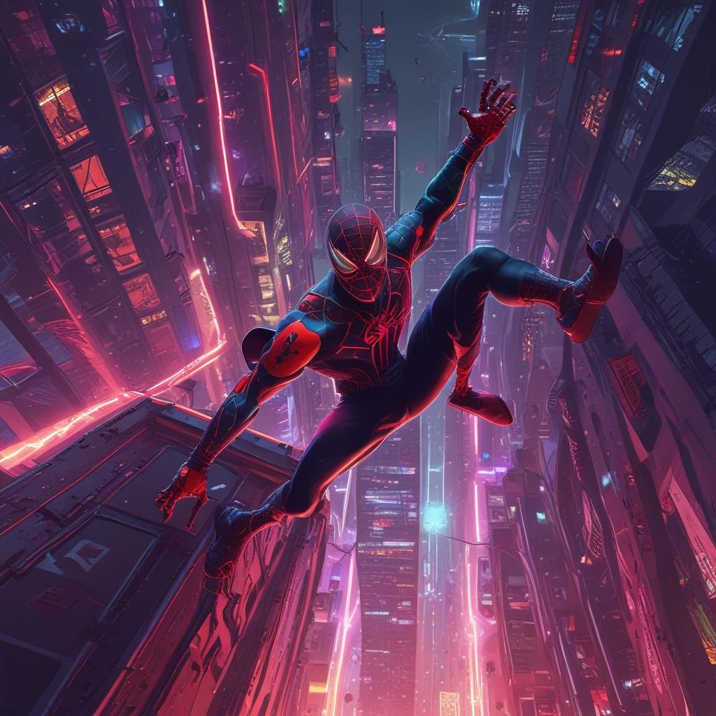 مرد عنکبوتی با لباس سیاه‌وقرمز در حال سقوط از ساختمان ۱۰۰ متری که تار هایش را به سوی ساختمان پرتاب میکند 15