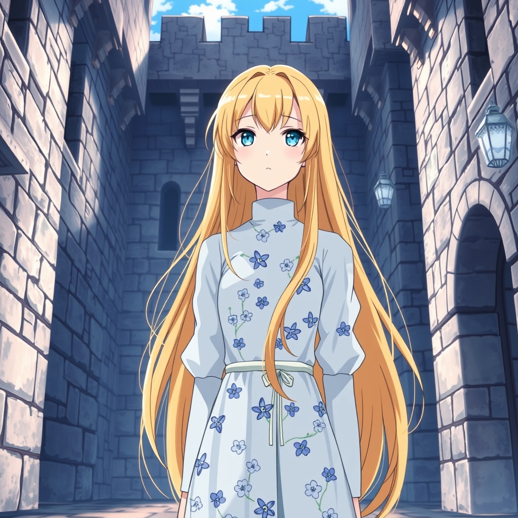 یه دختر ۱۸ ساله با مو های طلایی با لباسی آبی کم رنگ و شکوفه های آبی پیراهن پر از پوف مو های خیلی خیلی بلند در قصر5