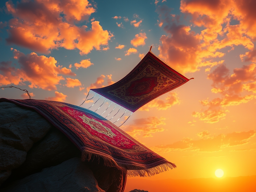 یک قالی ایرانی که به یک قالی پرنده جادویی تبدیل می‌شود، در آسمان غروب طلایی.5
