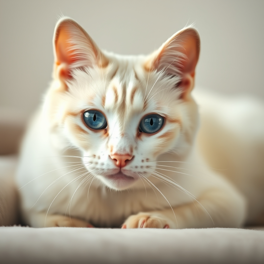 This image shows a white cat with striking blue eyes, lying down on a surface. The background appears to be blurred, focusing attention on the cat.1
