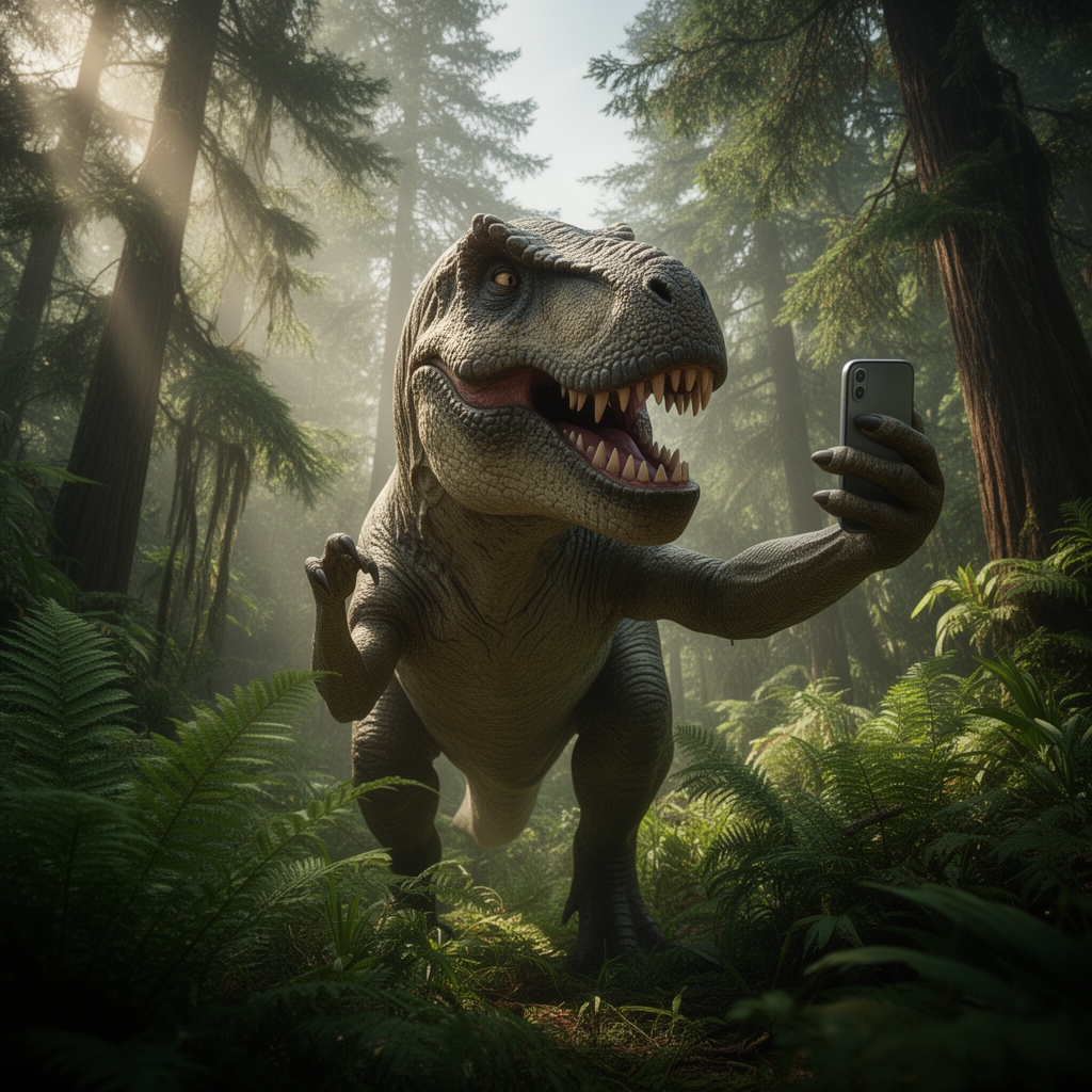 یک دایناسور تی‌رکس که سعی دارد با دست‌های کوتاهش سلفی بگیرد، زاویه دوربین کج و بامزه، دهان باز و خندان، پس‌زمینه جنگل ژوراسیک.1