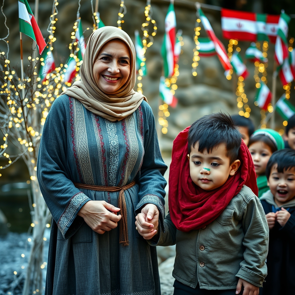 یک زن با پوشش لباس محلی اصیل ایرانی و حجاب آراسته، با چهره‌ای شاداب و luminous که پرچم کوچک و ظریف ایران بر گونه راستش نقش بسته، دست پسر بچه‌ای را به مهر گرفته است. آنها در کنار چشمه‌ای ایستاده‌اند که با پرچم‌های سه‌رنگ ایران و ریسه‌های نورانی به زیبایی تزیین شده است. چند کودک دیگر نیز با شور و نشاط در اطراف آنان حضور دارند. این صحنهٔ پرمعنا و وطن‌پرستانه از فاصلهٔ دور به صورت یک شات واید با زاویهٔ باز به تصویر کشیده شده تا تمامی اجزای این ترکیب‌بندی عمیق و نمادین را در بر گیرد.0