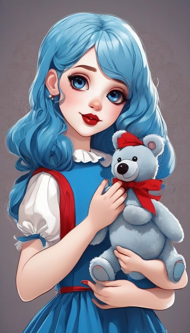 دختری با موهای بلوری و لب های قرمز و لباس آبی و در دستش خرس اسباب بازی خیلی خوشکل0