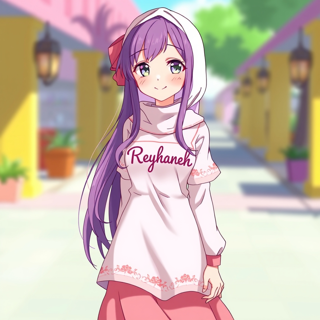 عکس یک دختر موهای بلند بنفش  دارد و یک لباس و دامن زیبا پوشیده که روی لباس به انگلیس نوشته ریحانه   و آن یکی موهای بلند بنفش دارد و خیلی زیبا هست15