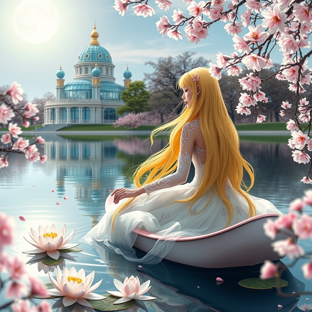 قصری شیشه ای در کنار دریاچه با شکوفه گیلاس بانویی با موهای بلند و زرد ابریشمی با لباسی سفید الماس دار سلطنتی سوار بر قایق خیلی زیبا با گل نیلوفری در دریا است را لمس میکند موهایش آنقدر بلند است که روی آب هم هست و ماه کامل بسیار درخشند است شکوفه های گیلاس در هوا و روی آب باد میوزد5