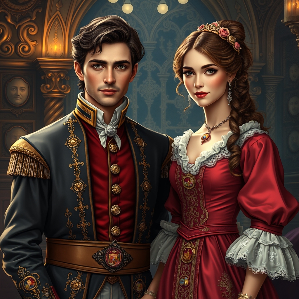 پسری جذاب و خوش چهره که ولیهد اسپانیا ی با لباسهای قدیمی مال اسپانیا کا داره به دختر ی که همسرشه که دختر ی فرانسه ای است که لباس های قدیمی کشور فرانسه پوشیده 17